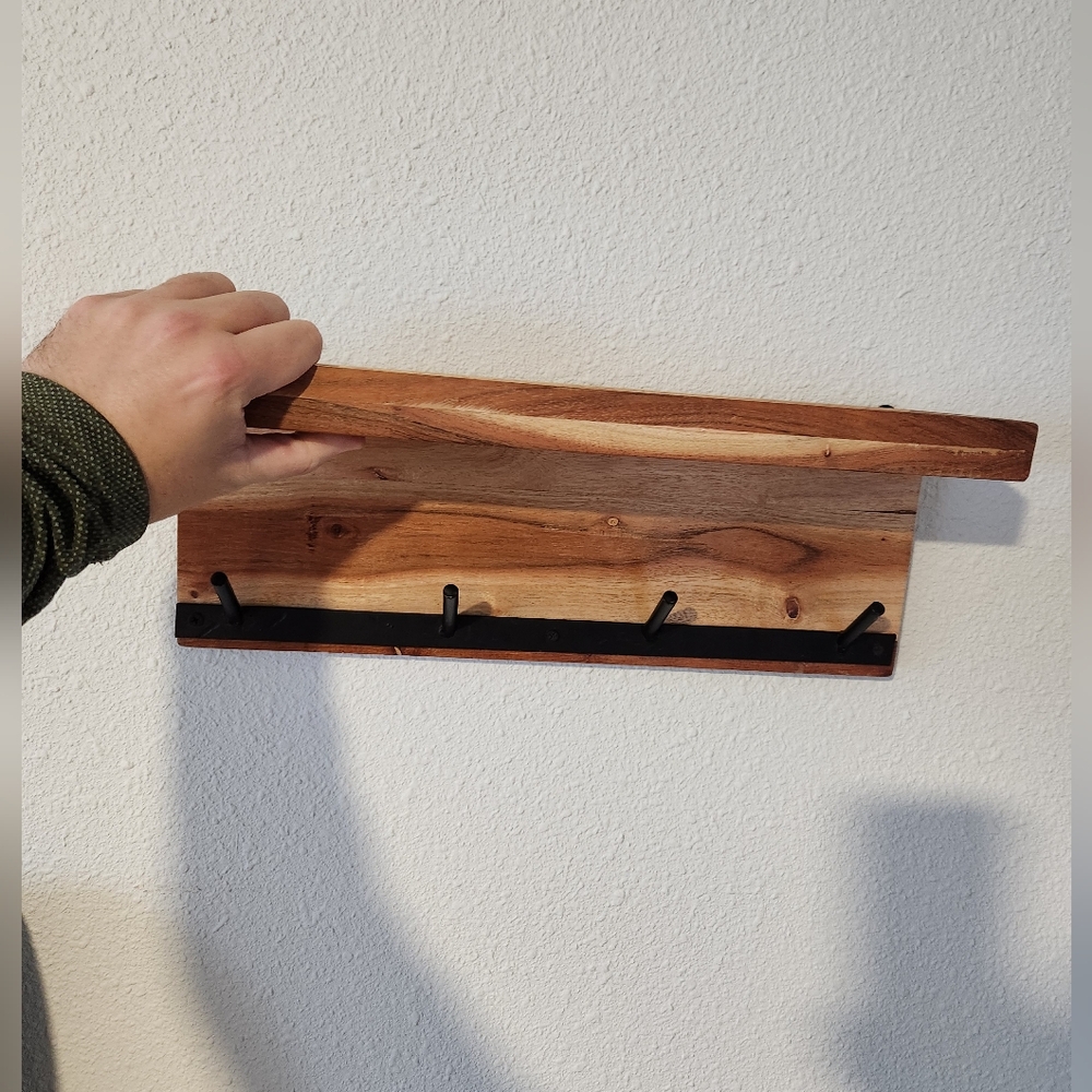 Solid Wooden Shelf with Metal Hooks